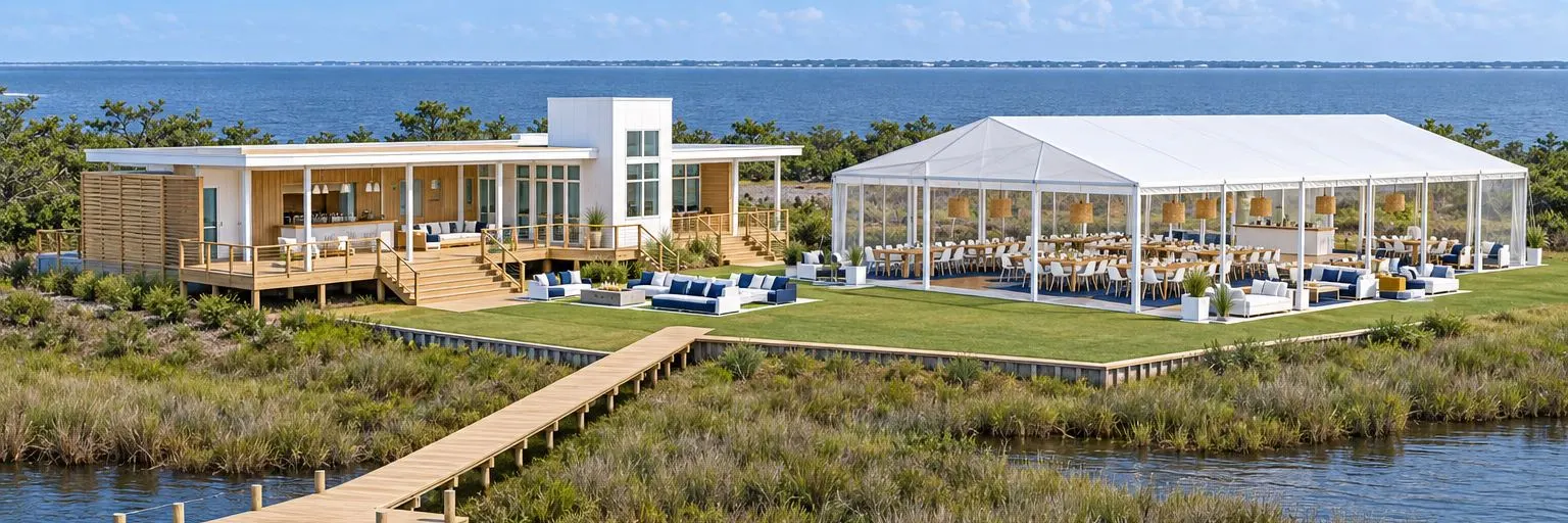 Concept rendering of the Lawn at Edgecamp: a bridal house, open lawn, and a grand white tent along the sound, with the dock running out through the sea grass